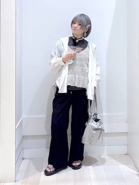 「GLOBAL WORK（グローバルワーク）のエアかるイージーワイドパンツ/636578（その他パンツ、ブラック系）」を使った、amamikanoheyaさん（レディース・155cm）の夏コーディネート