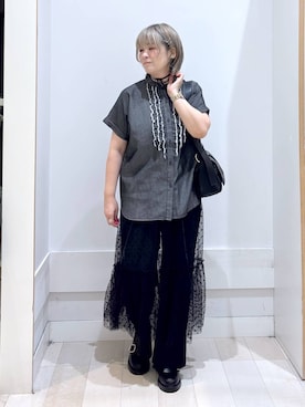 「GLOBAL WORK（グローバルワーク）のイージーケアストレッチフレアパンツ/681322（その他パンツ、ブラック系）」を使った、amamikanoheyaさん（レディース・155cm）の夏コーディネート