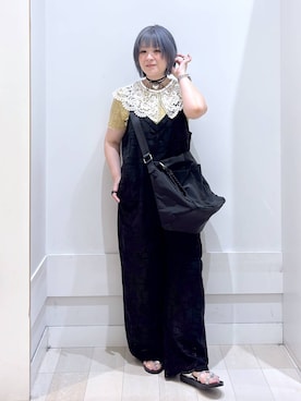 「GLOBAL WORK（グローバルワーク）のmeets India/刺繍サロペット/638123（サロペット/オーバーオール、ブラック系）」を使った、amamikanoheyaさん（レディース・155cm）の夏コーディネート