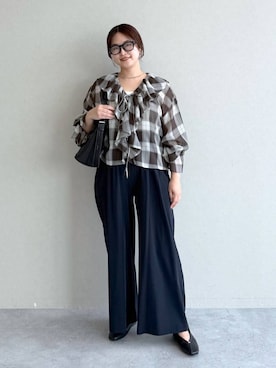 「Elura（エルーラ）のシアチェックフリルブラウス/1000125（シャツ/ブラウス、ブラウン系）」を使った、gw_maieiさん（レディース・160cm）の夏コーディネート