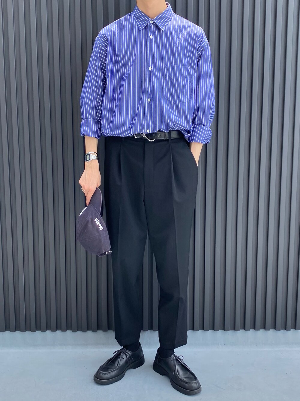 「シンプルコーデ、ゆるコーデ、大人コーデ、秋コーデ、今日のコーデ、graphpaper、UNIQLO、UNIQLO U、GU、きれいめカジュアル、キレイめ」｜「Graphpaperのアイテム（シャツ/ブラウス、ブルー系）」を使った、SHIRYUさん（メンズ・176cm）の秋コーディネートの1枚目の写真