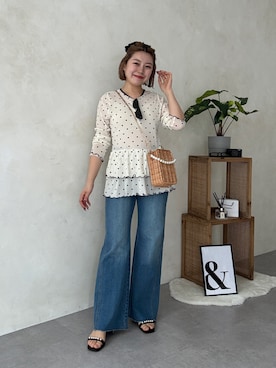 「prose verse（プロズヴェール）のフロッキードットシアーフリルペプラムトップス（Tシャツ/カットソー、ホワイト系）」を使った、ももぞうさん（レディース・154cm）の春コーディネート