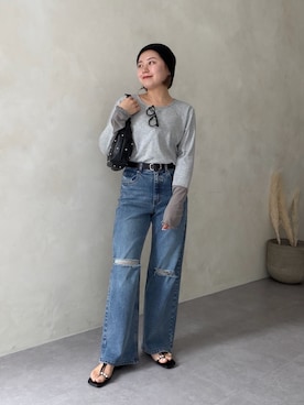 「prose verse（プロズヴェール）の袖シアー切替トップス（Tシャツ/カットソー、グレー系）」を使った、ももぞうさん（レディース・154cm）の春コーディネート