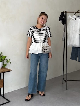 「prose verse（プロズヴェール）の【MOMO】裾フリルドッキングペプラムTシャツ（Tシャツ/カットソー、ブラック系）」を使った、ももぞうさん（レディース・154cm）の夏コーディネート