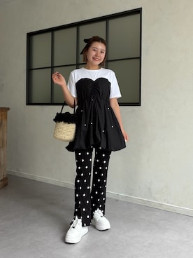 「prose verse（プロズヴェール）の裾バルーンパールビスチェドッキングTシャツ（Tシャツ/カットソー、ホワイト系）」を使った、ももぞうさん（レディース・154cm）の春コーディネート