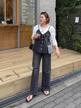 「prose verse（プロズヴェール）の【MOMO】パフスリーブシアーリブカットソー（Tシャツ/カットソー、ホワイト系）」を使った、ももぞうさん（レディース・154cm）の春コーディネート