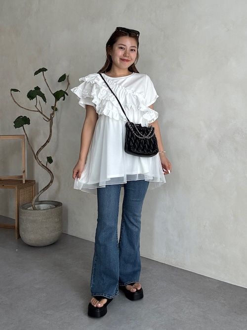 tシャツ ななめフリルチュールドッキングペプラムTシャツ レディース ななめフリルチュールドッキングペプラムTシャツ（Tシャツ