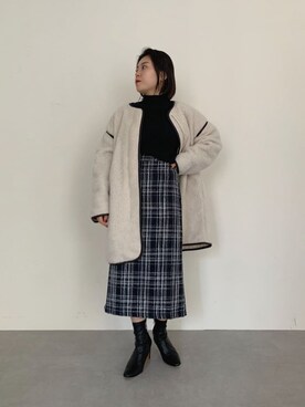 「チェック柄に恋してる」｜「アイテム（ノーカラーコート）」を使った、ももぞうさん（レディース・154cm）の冬コーディネート