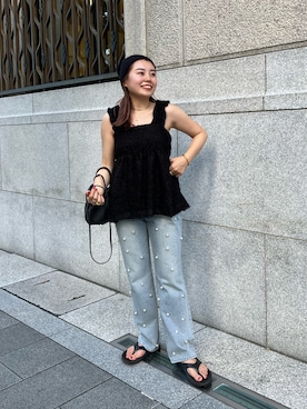 「ぺプラムトップス」｜「アイテム（ニットキャップ/ビーニー）」を使った、ももぞうさん（レディース・154cm）の夏コーディネート