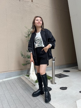 「ハーフパンツ」｜「アイテム（MA-1）」を使った、ももぞうさん（レディース・154cm）の秋コーディネート