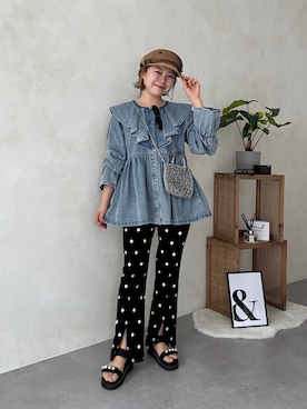 「prose verse（プロズヴェール）のフリルペプラムデニムブラウス（シャツ/ブラウス、ブルー系）」を使った、ももぞうさん（レディース・154cm）の春コーディネート