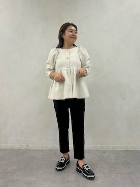 「ぺプラムトップス」｜「アイテム（ノーカラージャケット）」を使った、ももぞうさん（レディース・154cm）の秋コーディネート
