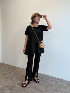 「prose verse（プロズヴェール）のバックヨークタックティアードTシャツ（Tシャツ/カットソー、ブラック系）」を使った、ももぞうさん（レディース・154cm）の夏コーディネート