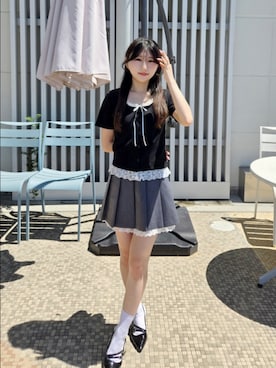 「ミニスカート」｜「アイテム（Tシャツ/カットソー、ブラック系）」を使った、0shioris2さん（レディース・151cm）の夏コーディネート