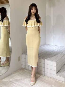「ニットワンピース」｜「アイテム（イエロー系）」を使った、nanamiさん（レディース・166cm）の夏コーディネート