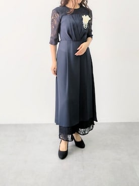 「nissen（ニッセン）の【結婚式・パーティードレス】タックデザインワンピース＋レースワイドパンツ＜大きいサイズ有＞（フォーマルスーツ/小物、ブルー系）」を使った、naruさん（レディース・163cm）の春コーディネート