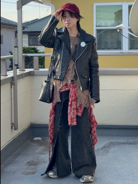 「アイテム（ライダースジャケット）」を使った、Rin/りん161cmさん（メンズ・161cm）の冬コーディネート