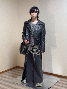 「アイテム（ライダースジャケット）」を使った、Rin/りん161cmさん（メンズ・161cm）の秋コーディネート