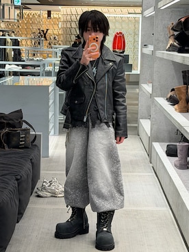 「アイテム（ライダースジャケット）」を使った、Rin/りん161cmさん（メンズ・161cm）の冬コーディネート