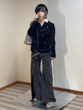 「アイテム（ライダースジャケット）」を使った、Rin/りん161cmさん（メンズ・161cm・20代）の秋コーディネート