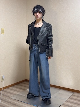 「アイテム（ライダースジャケット）」を使った、Rin/りん161cmさん（メンズ・161cm・20代）の秋コーディネート