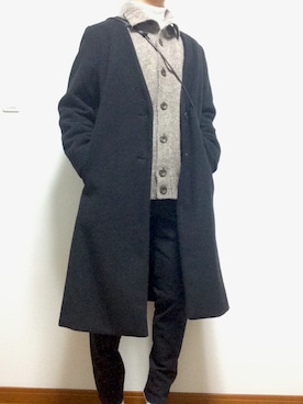 「黒スキニー」｜「アイテム（ノーカラーコート）」を使った、エビちゃん🦐さん（メンズ・167cm）の冬コーディネート