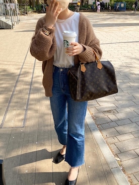 「titivate（ティティベイト）のﾛｰｹﾞｰｼﾞﾊﾝﾄﾞﾗｲｸﾆｯﾄｶｰﾃﾞｨｶﾞﾝ（カーディガン/ボレロ）」を使った、chinoさん（レディース・155cm）の春コーディネート