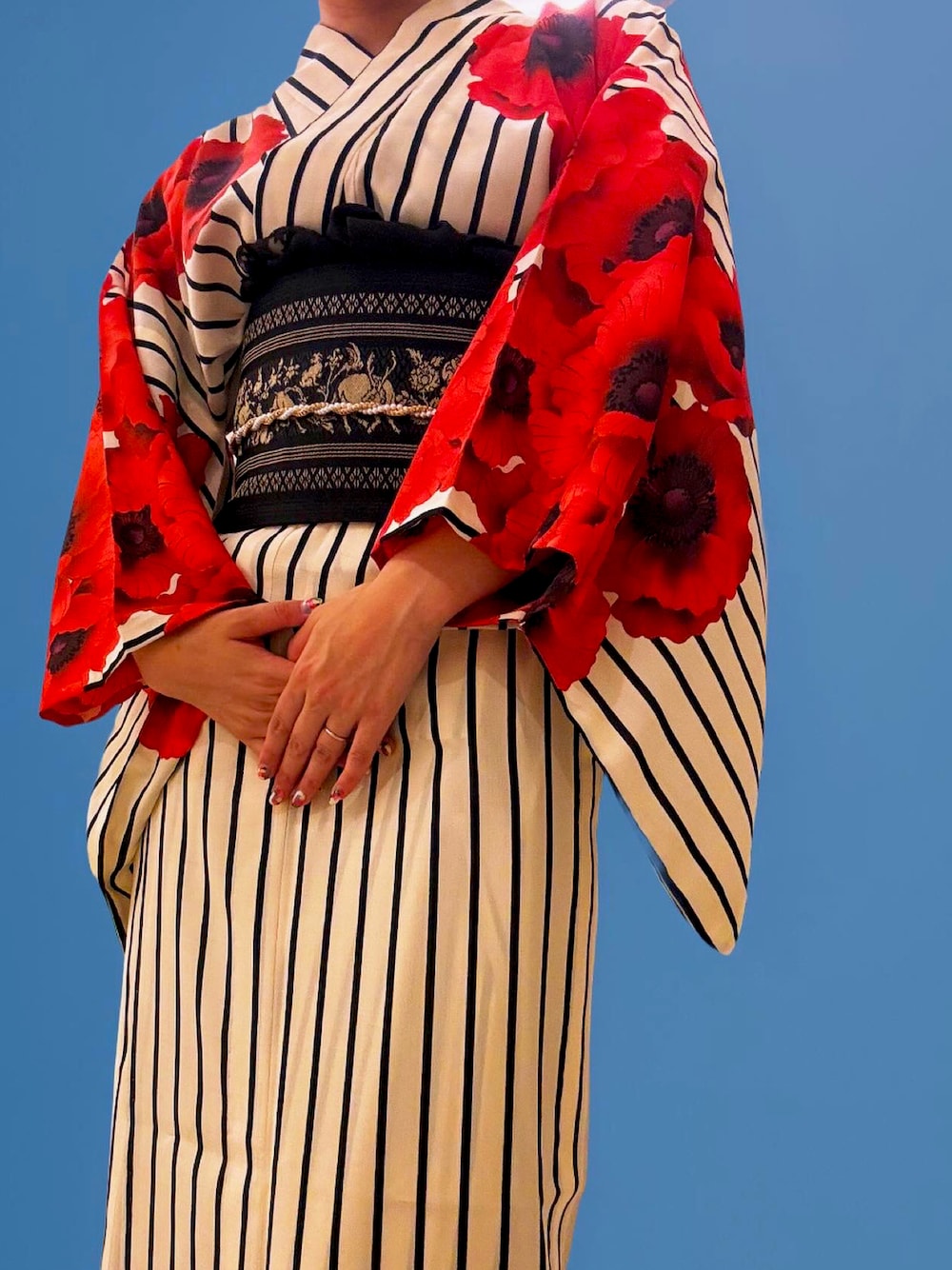 「大人かわいい、オトナ女子、ママファッション、お出かけスタイル、30代コーデ、夏」｜「ふりふのアイテム（浴衣、レッド系）」を使った、MINAMIさん（骨格ウェーブ・レディース・163cm）の夏コーディネートの1枚目の写真