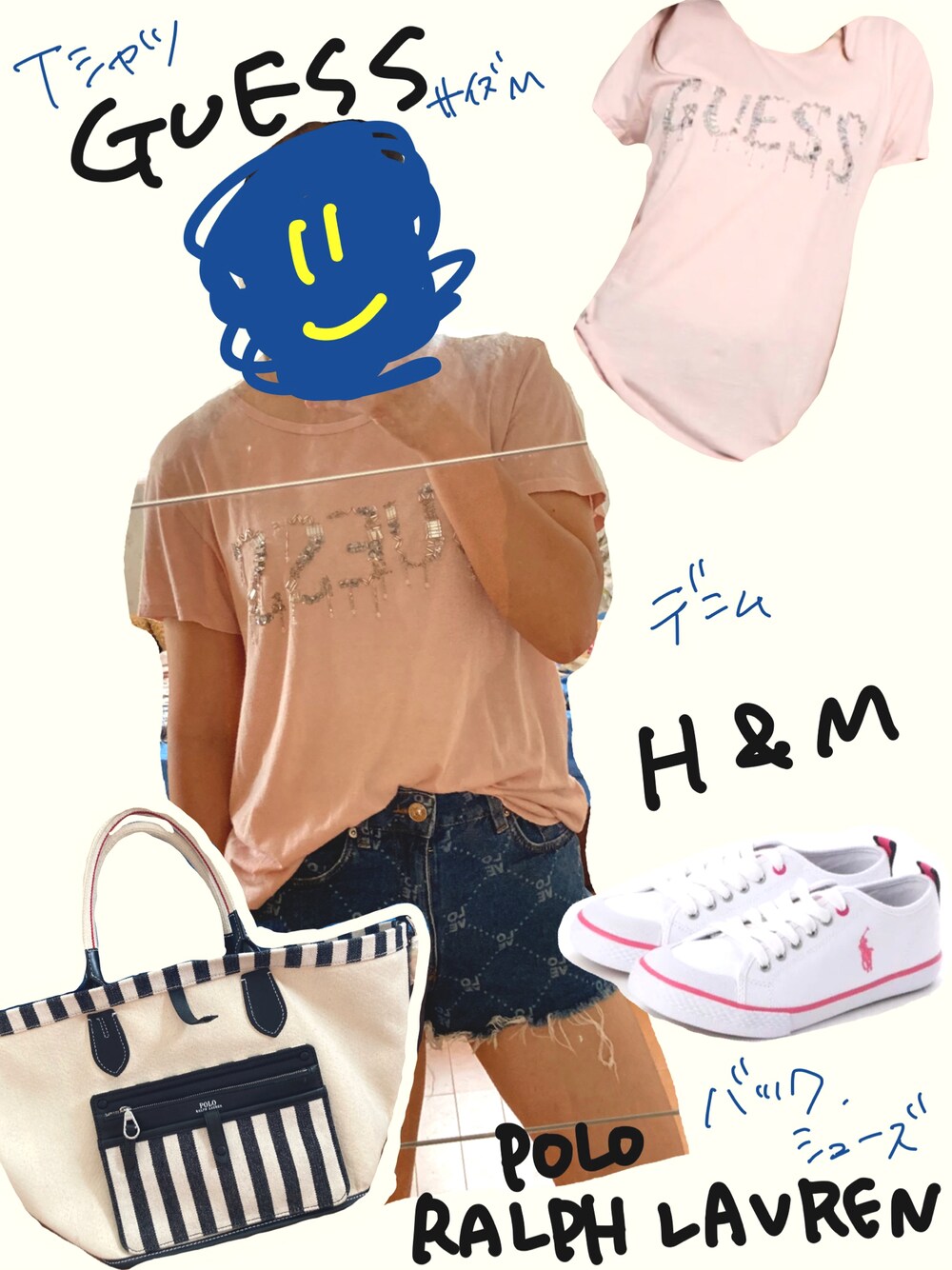 「summer、Tシャツ、ピンク、夏コーデ、大学生、デニム、デニムパンツ、ショートパンツ」｜「Guessのアイテム（Tシャツ/カットソー、ピンク系）」を使った、24K🫣さん（レディース・163cm）の夏コーディネートの1枚目の写真