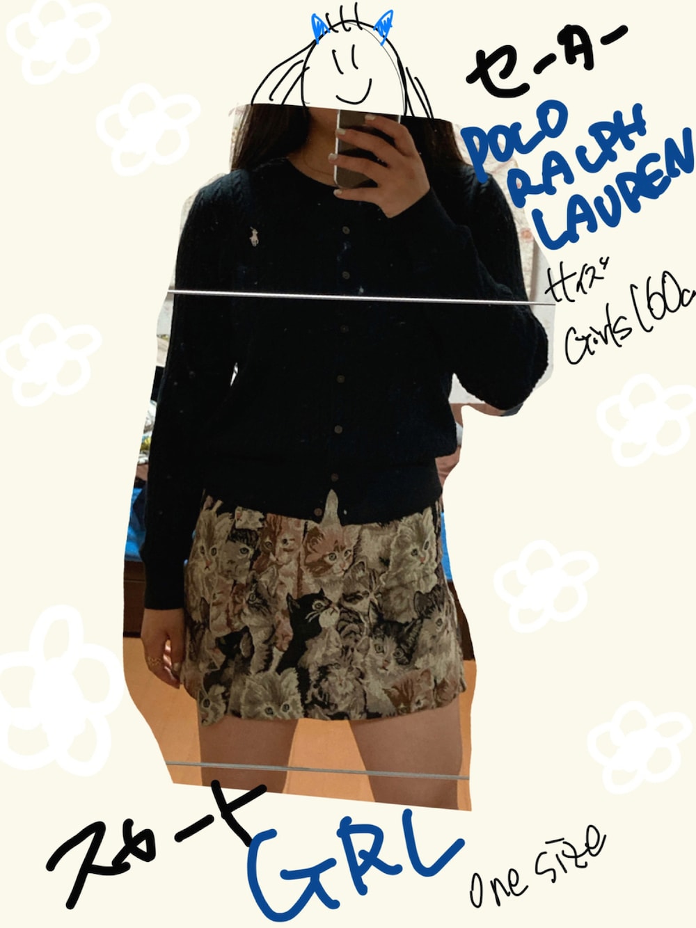 「ミニスカート、Ralph Lauren、ネコ、Polo Ralph Lauren、プチプラコーデ、GRL、着回しコーデ、ネコ柄、ポロラルフローレン、ポロセーター、秋冬コーデ、GRLグレイル、黒セーター、猫スカート、だから秋服が好き」｜「POLO RALPH LAURENのアイテム（ニット/セーター、ブラック系）」を使った、24K🫣さん（レディース・163cm）の秋コーディネートの1枚目の写真