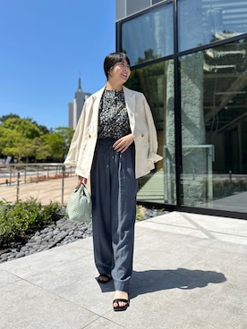 「MICO COULIER（ミコクリエ）のフルーツプリントフリルブラウス（シャツ/ブラウス、ブルー系）」を使った、nol takitaさん（レディース・159cm）の春コーディネート