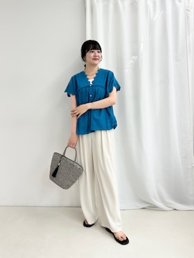 「MICO COULIER（ミコクリエ）の刺繍ハシゴレースブラウス（シャツ/ブラウス、ブルー系）」を使った、nol takitaさん（レディース・159cm）の春コーディネート