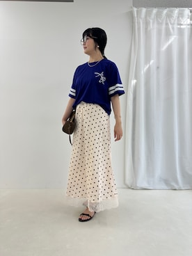 「fredy couleur（フレディクルール）のサテンドット裾レーススカート（スカート、ホワイト系）」を使った、nol takitaさん（レディース・160cm）の夏コーディネート