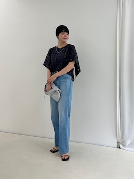 「MICO COULIER（ミコクリエ）のハンカチスリーブチェックシャツ（シャツ/ブラウス、ブルー系）」を使った、nol takitaさん（レディース・160cm）の夏コーディネート