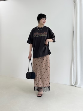 「fredy couleur（フレディクルール）のサテンドット裾レーススカート（スカート、ベージュ系）」を使った、nol takitaさん（レディース・160cm）の夏コーディネート