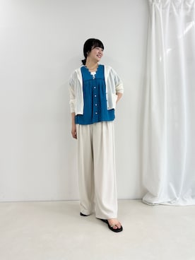 「MICO COULIER（ミコクリエ）のタックワイドパンツ（その他パンツ、ホワイト系）」を使った、nol takitaさん（レディース・159cm）の春コーディネート