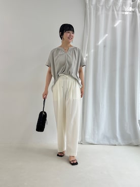 「MICO COULIER（ミコクリエ）のジャージーバックストライププルオーバー（Tシャツ/カットソー、ベージュ系）」を使った、nol takitaさん（レディース・160cm）の夏コーディネート