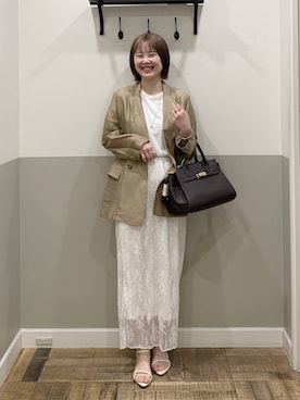 「A part by（アパートバイ）の≪追加3≫シアーWジャケット（テーラードジャケット、ベージュ系）」を使った、Moekaさん（レディース）の春コーディネート