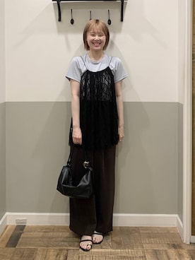 「A part by（アパートバイ）のラッセルレースキャミ（キャミソール、ブラック系）」を使った、Moekaさん（レディース）の夏コーディネート