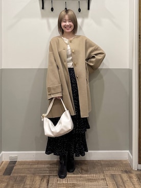 「アイテム（ノーカラーコート、ベージュ系）」を使った、Moekaさん（レディース・162cm）の秋コーディネート