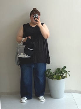 「nissen（ニッセン）の大きいサイズ ストレッチ股ずれしにくい裏起毛パウダーデニムストレートパンツ（選べるヒップ）（選べる2レングス）（パンツ、ブルー系）」を使った、nunu＊さん（レディース・160cm）の夏コーディネート
