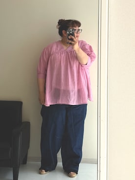 「nissen（ニッセン）の＜大きいサイズ＞ よく伸びるひんやりニットデニムパンツ（ゆったりヒップ）（接触冷感）（パンツ、ブルー系）」を使った、nunu＊さん（レディース・160cm）の春コーディネート