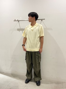 「SENSE OF PLACE by URBAN RESEARCH(センスオブプレイスバイアーバンリサーチ)の『洗濯可』ストレッチニットポロショートスリーブTシャツ(ニット/セーター、イエロー系)」を使った、yujiさん(メンズ・178cm)の夏コーディネート