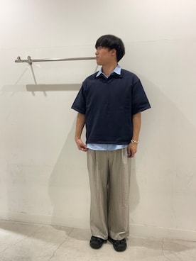 「SENSE OF PLACE by URBAN RESEARCH(センスオブプレイスバイアーバンリサーチ)の『洗濯可』ドライタッチスキッパーニットTシャツ(ニット/セーター、ブルー系)」を使った、yujiさん(メンズ・178cm)の春コーディネート