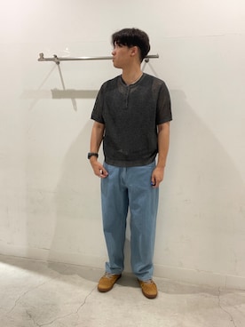 「SENSE OF PLACE by URBAN RESEARCH(センスオブプレイスバイアーバンリサーチ)の『洗濯可』リネンタッチメッシュヘンリーニット(ニット/セーター、ブラック系)」を使った、yujiさん(メンズ・178cm)の夏コーディネート