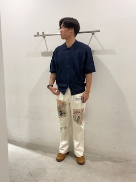 「SENSE OF PLACE by URBAN RESEARCH(センスオブプレイスバイアーバンリサーチ)の『一部WEB限定カラー』『イージーケア』リネンブレンドシアーニットシャツ(ニット/セーター、ブルー系)」を使った、yujiさん(メンズ・178cm)の夏コーディネート