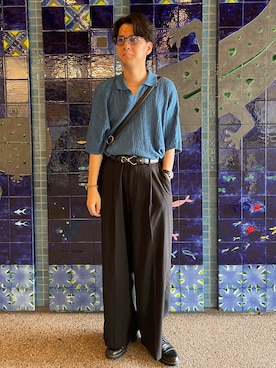 「EMMA CLOTHES（エマクローズ）のジャガードスキッパールーズニットポロシャツ EMMA CLOTHES（ポロシャツ、ブルー系）」を使った、こうへいさん（メンズ・181cm）の夏コーディネート