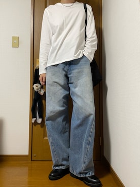 「WYM LIDNM（ウィム バイ リドム）のEXTRA FINE COTTON CROPPED L/S TEE（Tシャツ/カットソー、ホワイト系）」を使った、こうへいさん（メンズ・181cm）の秋コーディネート