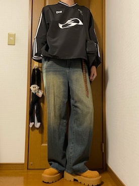 「Alfred Alex（アルフレッドアレックス）の【Alfred Alex】Vintage Wide Tapered Denim/ヴィンテージメイク ワイドデニムパンツ（デニムパンツ、ブルー系）」を使った、こうへいさん（メンズ・181cm）の春コーディネート