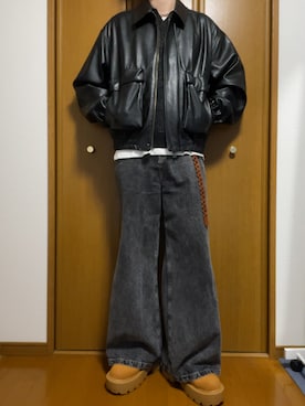 「WYM LIDNM（ウィム バイ リドム）のARTIFICIAL GRAIN  SHORT BLOUSON（ブルゾン、ブラック系）」を使った、こうへいさん（メンズ・181cm）の春コーディネート